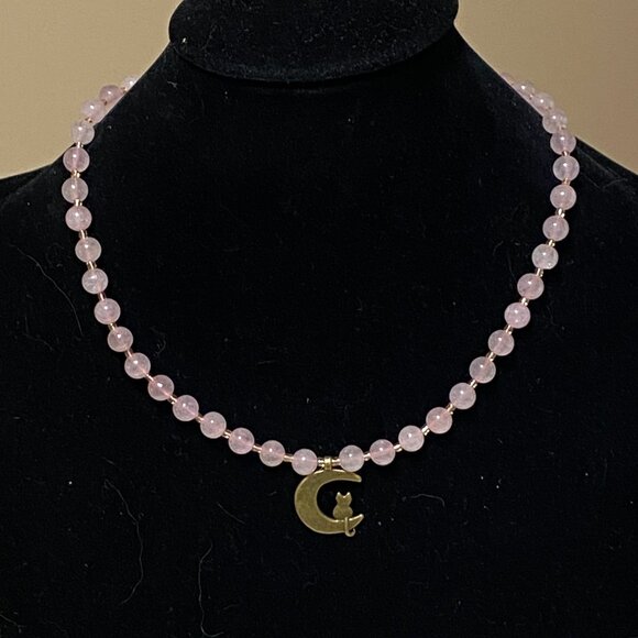 Pink Genuine Gemstone Rose Quartz Bronze Cat on the Moon Beaded Short Necklace - Picture 3 of 11
